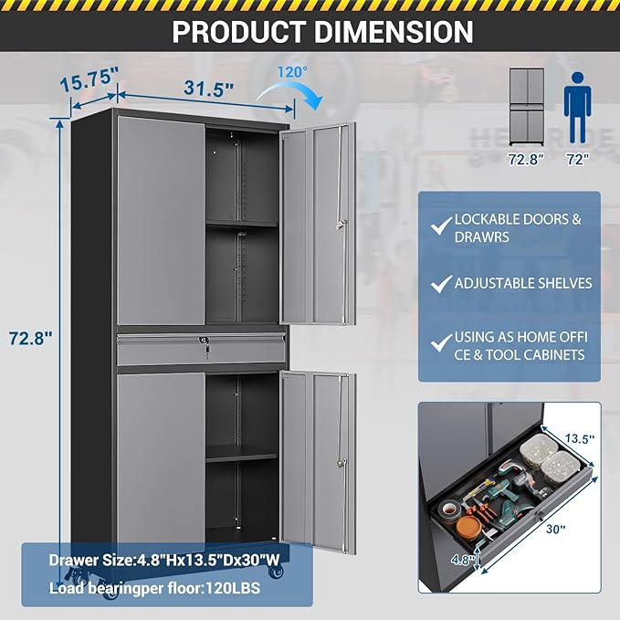 73" Metal Cabinet-Black&Gray Heavy Duty Rolling Storage Cabinet Steel Tool - Image 2