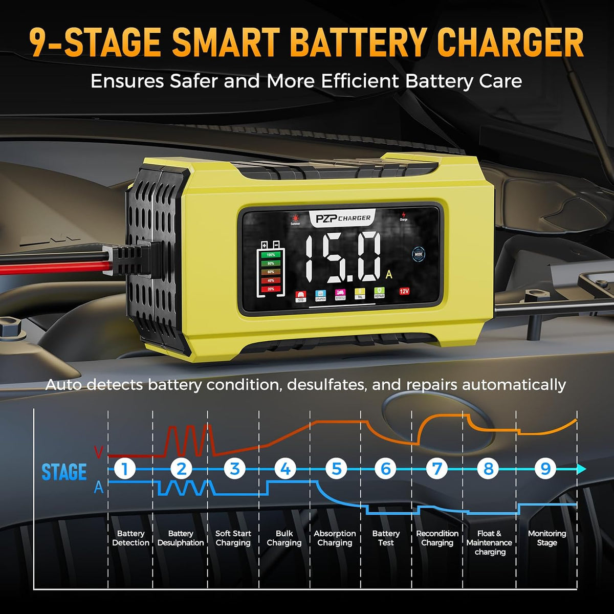 PZ.P 15-Amp 12V/24V Smart Battery Charger, Maintainer & Trickle Charger f...