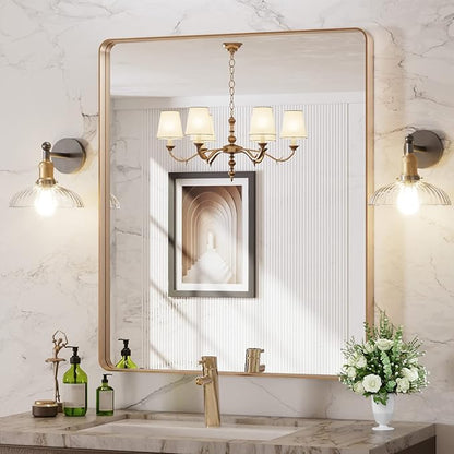 LOAAO 30”X36” Gold Bathroom Mirror, Rounded Rectangle Gold Frame Mirror - Image 8