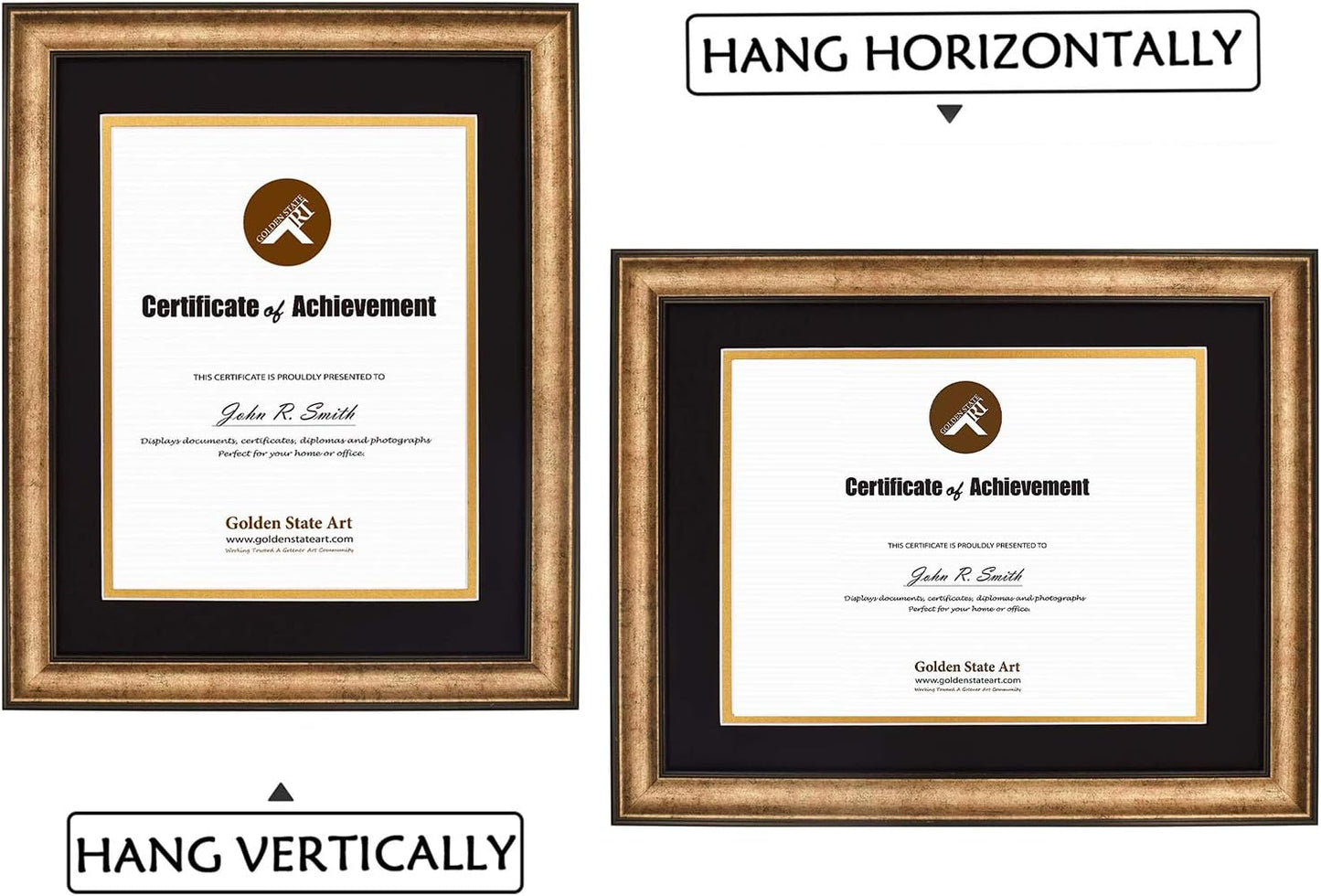 Golden State Art 11x14 Frame for 8.5x11 Diploma Antique Gold Real Glass | Includes Black Over Gold Double Mat,Fits 8.5x11 Certificate, Document, Photo, Picture, Wall Mount