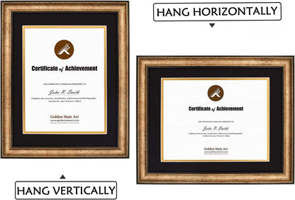 Golden State Art 11x14 Frame for 8.5x11 Diploma Antique Gold Real Glass | Includes Black Over Gold Double Mat,Fits 8.5x11 Certificate, Document, Photo, Picture, Wall Mount