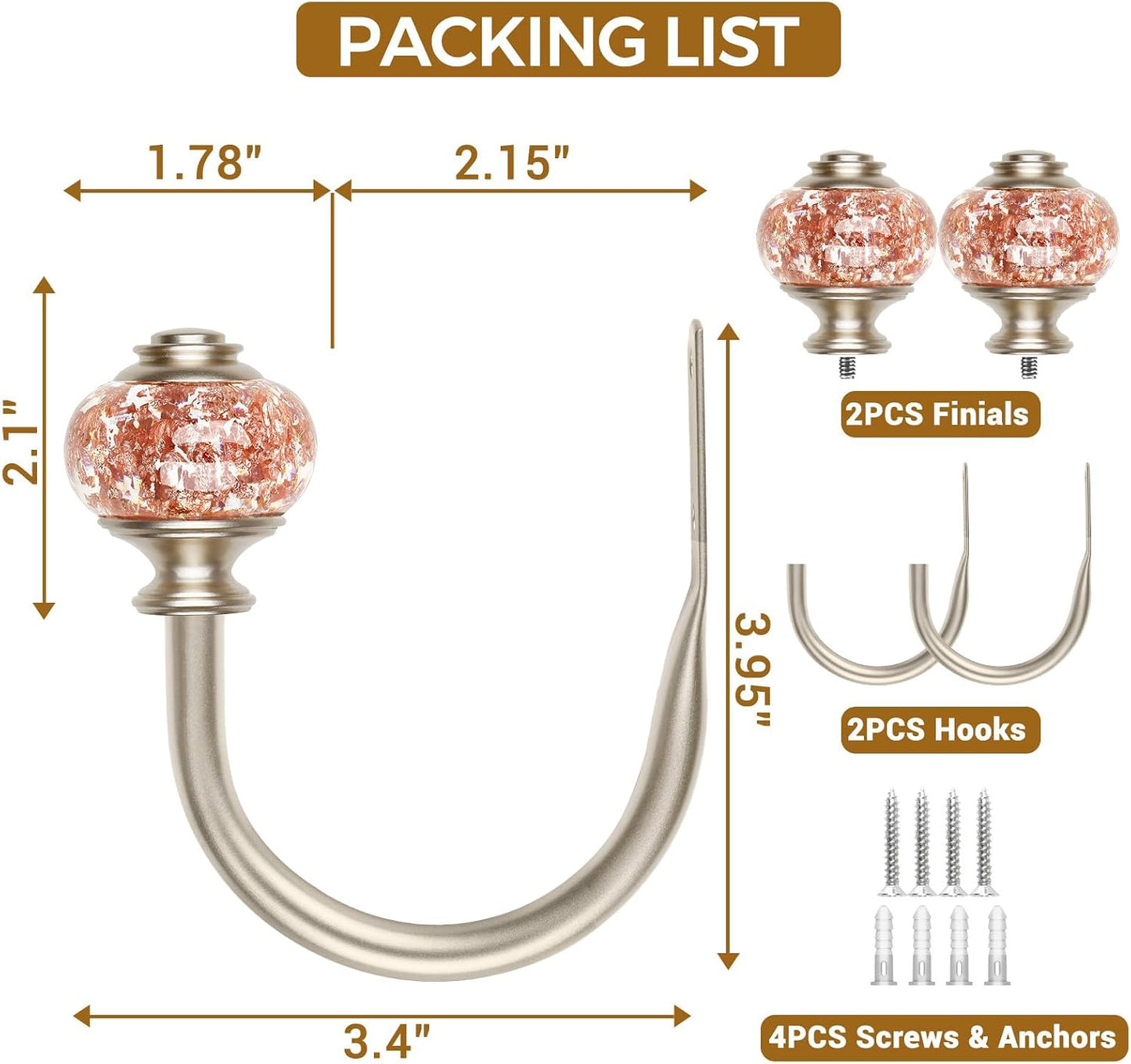 Rose Gold Curtain Holdbacks, Decorative Drapery Tiebacks, 1 Pair | Curtain Hooks for Drapes, Wall Mounted, Vintage Crystal Finials, Durable Metal Material, Size: Small(3.95" L x 3.4" W)