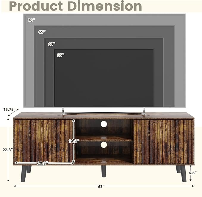 EROMMY 63'' Fluted TV Stand for 70 Inch TV, Modern Entertainment Center - Image 2
