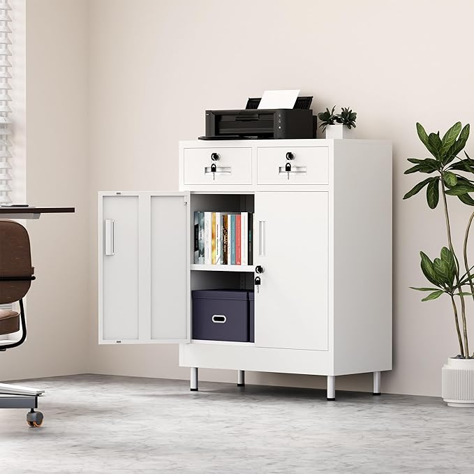 Metal Storage Cabinet with Locking Doors and 2 Drawers, Lockable Storage - Image 4