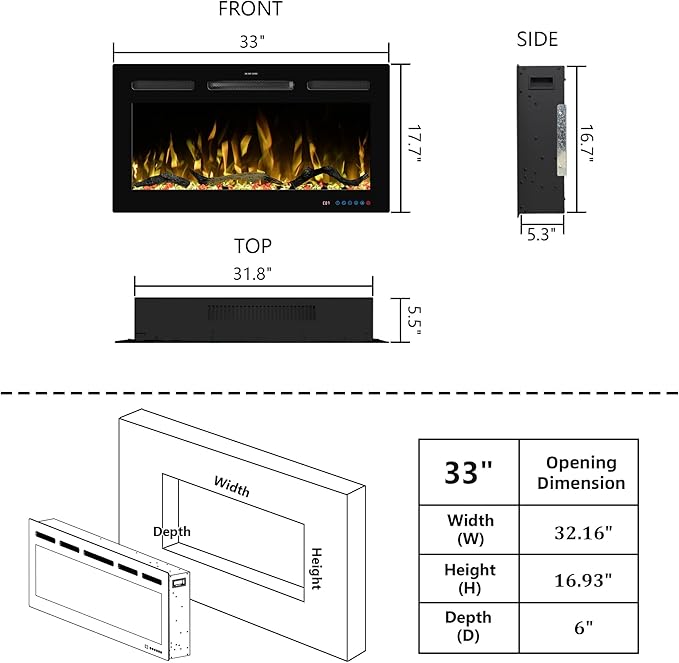 33" WiFi Electric Fireplace Inserts, Recessed and Wall Mounted Fireplace Heater - Image 6