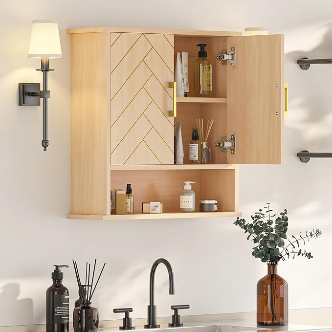 Natural Chevron Pattern Bathroom Wall Mount Cabinet, Over The Toilet Storage - Image 7