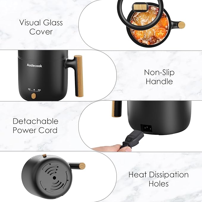 Audecook Hot Pot Electric with Steamer, 1.8L Portable Mini Travel Cooker - Image 5