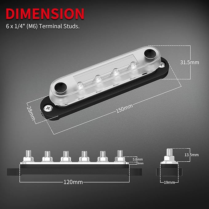 DAIERTEK Marine Bus Bar 12V 6 x 1/4" Terminal Studs 12 Volt Bus Bar Power - Image 2