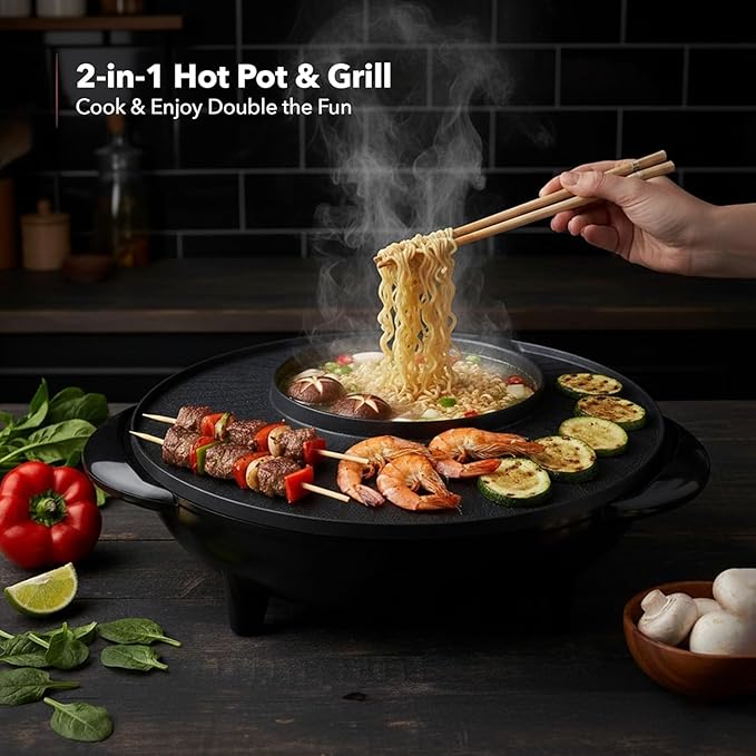 OVENTE Electric Hot Pot and Grill Combo, 2-in-1 Portable Countertop Cooker - Image 2