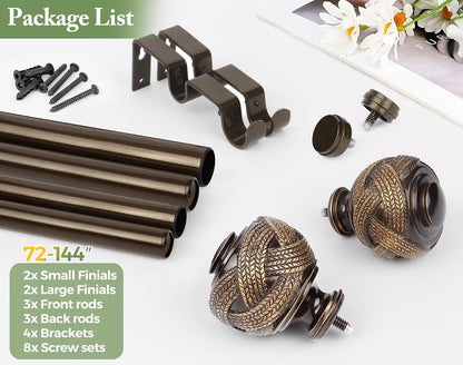 1 Inch Double Curtain Rods 72 to 144 Inches (6 to 12 ft), USFOOK Bronze Drapery Rods for Windows 69 to 140 Inches, Telescoping Dual Curtain Rod with Woven Leaf Finials