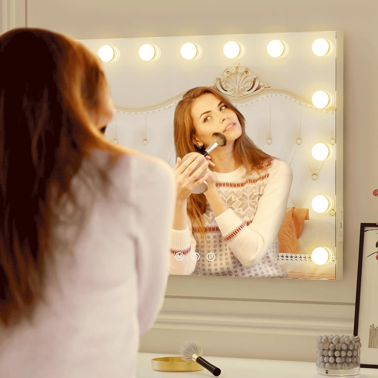 Hollywood Vanity Mirror with Lights, 15 Light Bulbs，3 Color Lights，Make Up Lighted Mirror, Aluminum Metal Frame,USB Charging Port（23" x 18"）