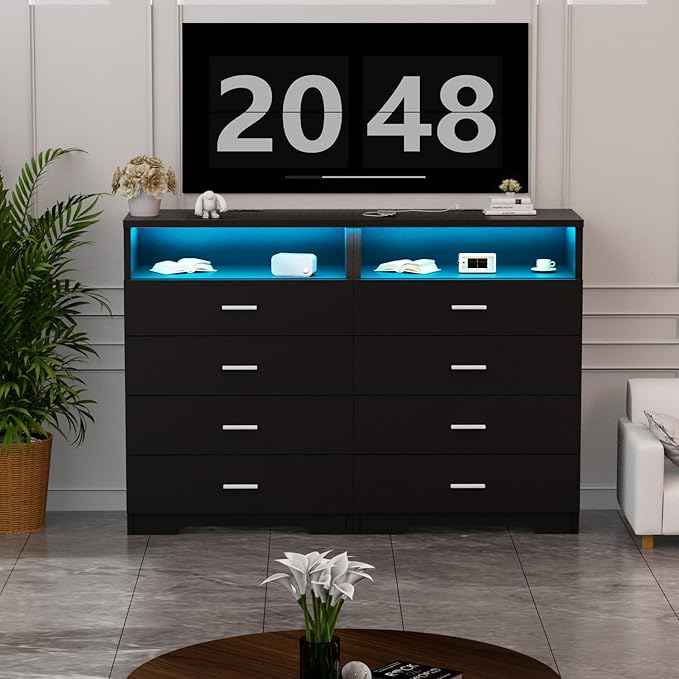 Dresser with Power Outlets and LED Lights Wooden 4 Drawer Dresser with Large - Image 2