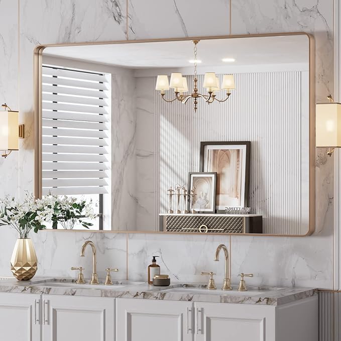 LOAAO 48”X30” Gold Bathroom Mirror, Rounded Rectangle Gold Frame Mirror by LOAAO