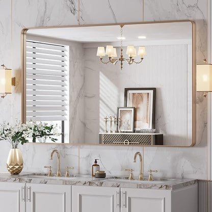 LOAAO 48”X30” Gold Bathroom Mirror, Rounded Rectangle Gold Frame Mirror by LOAAO
