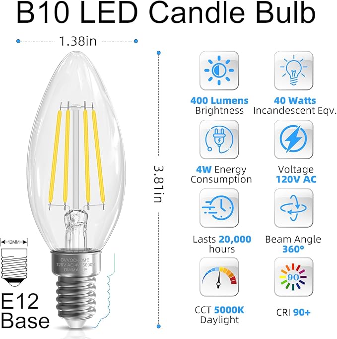 GvvooHome E12 Candelabra Bulb 40 watt Equivalent, E12 LED Bulb Dimmable - Image 2