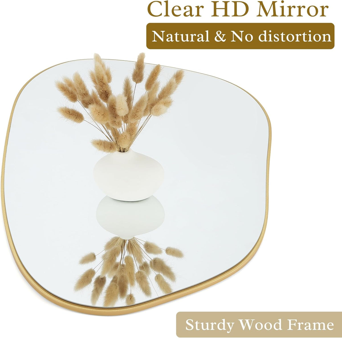 PERFNIQUE Irregular Asymmetrical Wall Mirror, 32"x24" Gold Bathroom Mirror | Decorative modern boho mirror with gold finish. HD glass mirror for bedroom, living room, entryway, mantel and vanity decor