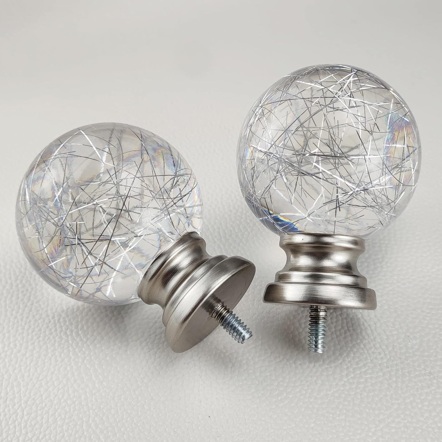 Decorative Curtain Rod Finials, Polyresin Round Silver Lines Clear Finials, Set of 2, Compatible with 1 inch or 1-1/8 inch Dia Curtain Rod, Standalone Finial Pair