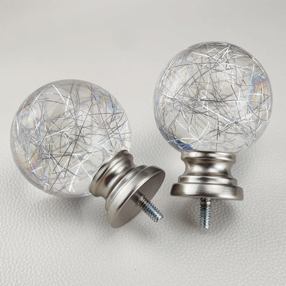 Decorative Curtain Rod Finials, Polyresin Round Silver Lines Clear Finials, Set of 2, Compatible with 1 inch or 1-1/8 inch Dia Curtain Rod, Standalone Finial Pair