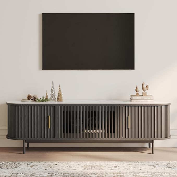 POVISON Sliding Tambour Door TV Stand, Mid Century Modern Sintered Stone TV - Image 3