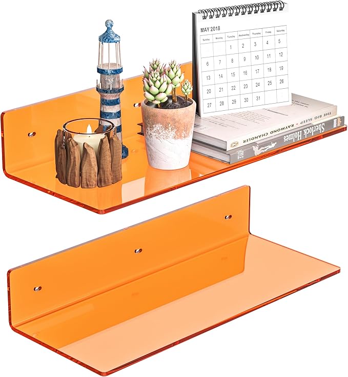 15 Inches Orange Acrylic Wall Shelves 2 Pack, L Shape Floating Shelf, Perspex by Sezanrpt