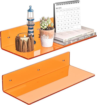 15 Inches Orange Acrylic Wall Shelves 2 Pack, L Shape Floating Shelf, Perspex by Sezanrpt