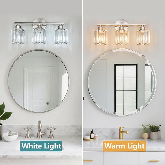 FDPBY Modern 3 Light Crystal Vanity Light, Brushed Nickel Vertical Bathroom - Image 2