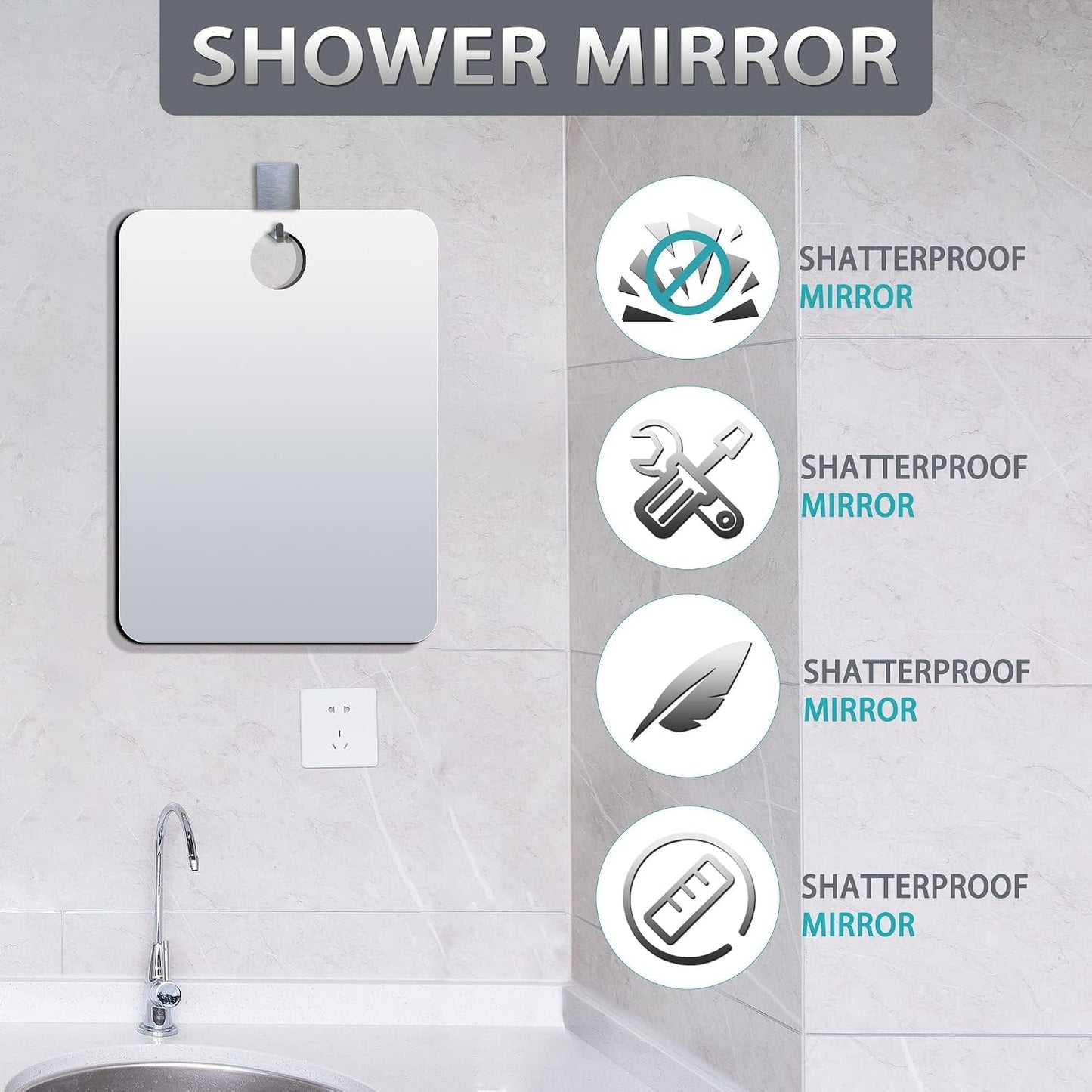 Shatterproof Shower Mirror Fogless for Shaving(Medium 8x6 inch), Unbreakable Deluxe Plexiglass Makeup Mirror with 2 Hooks, Locker Mirrors for Shower, Shower Mirror Fogless, Portable Handheld Camping