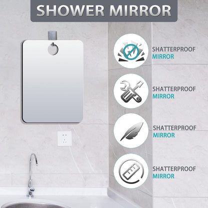 Shatterproof Shower Mirror Fogless for Shaving(Medium 8x6 inch), Unbreakable Deluxe Plexiglass Makeup Mirror with 2 Hooks, Locker Mirrors for Shower, Shower Mirror Fogless, Portable Handheld Camping