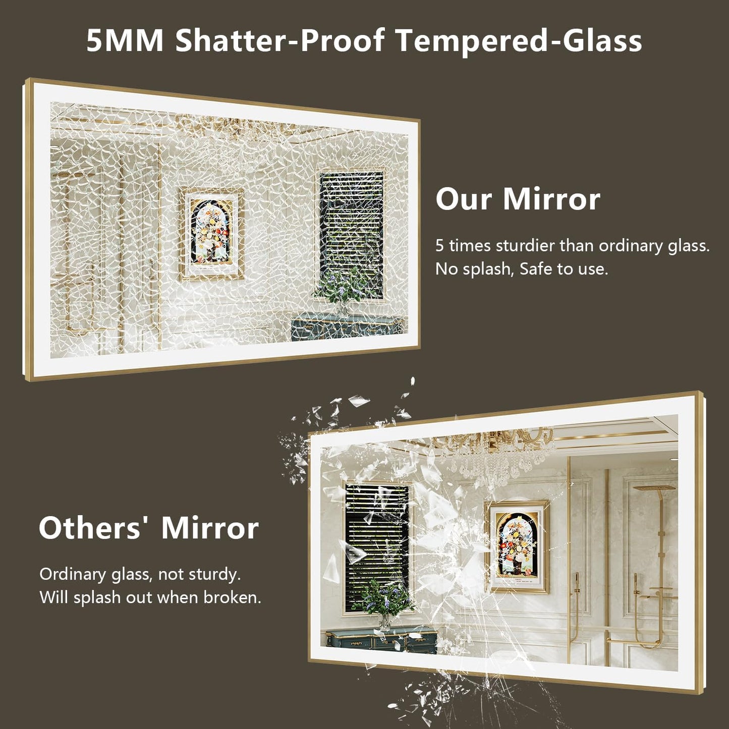 72x40 LED Bathroom Mirror with Lights, Gold Framed Lighted Mirror | Backlit and Front light, Anti-Fog, 3 Color Dimmable, Memory, Tempered Glass, IP54 Waterproof, UL Listed