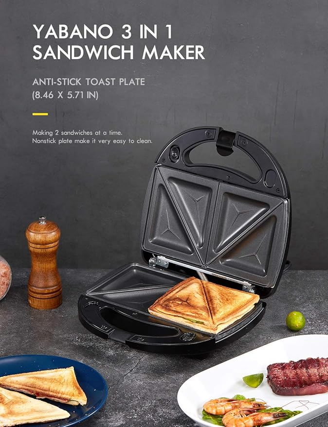 Yabano Sandwich Maker, 3 in 1 Waffle Maker, Toaster and Electric Panini Press - Image 6