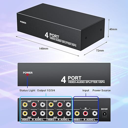 3 RCA Splitter Box 1 in 4 Out, 4 Way Composite RCA AV Distribution Duplicator - Image 5
