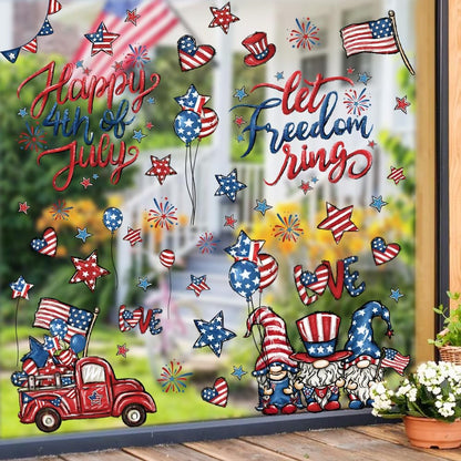 DIYDEC 6 Sheets Patriotic Window Clings Happy 4th of July Window Stickers Gnome Truck American Flags Stars Firework Decals Double-Sided for Independence Day Home Party Decoration