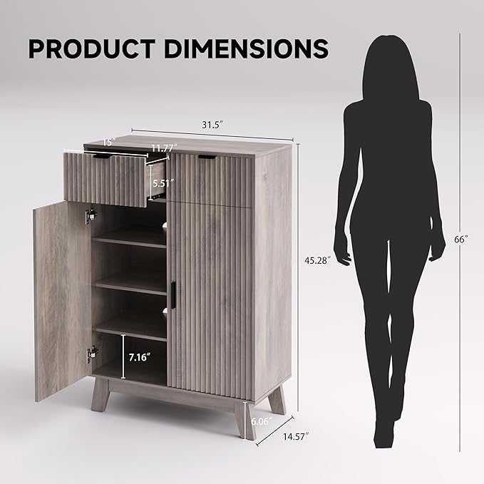 Fluted Shoe Cabinet, 4-Tier Mid Century Modern Narrow Shoe Storage Cabinet - Image 2