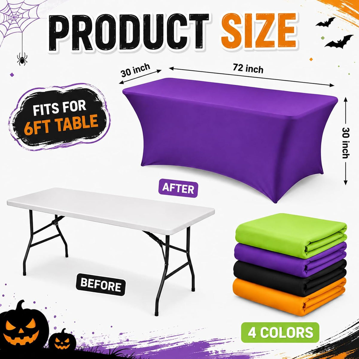 4 Pcs Halloween Spandex Tablecloths for 6ft Rectangle Tables