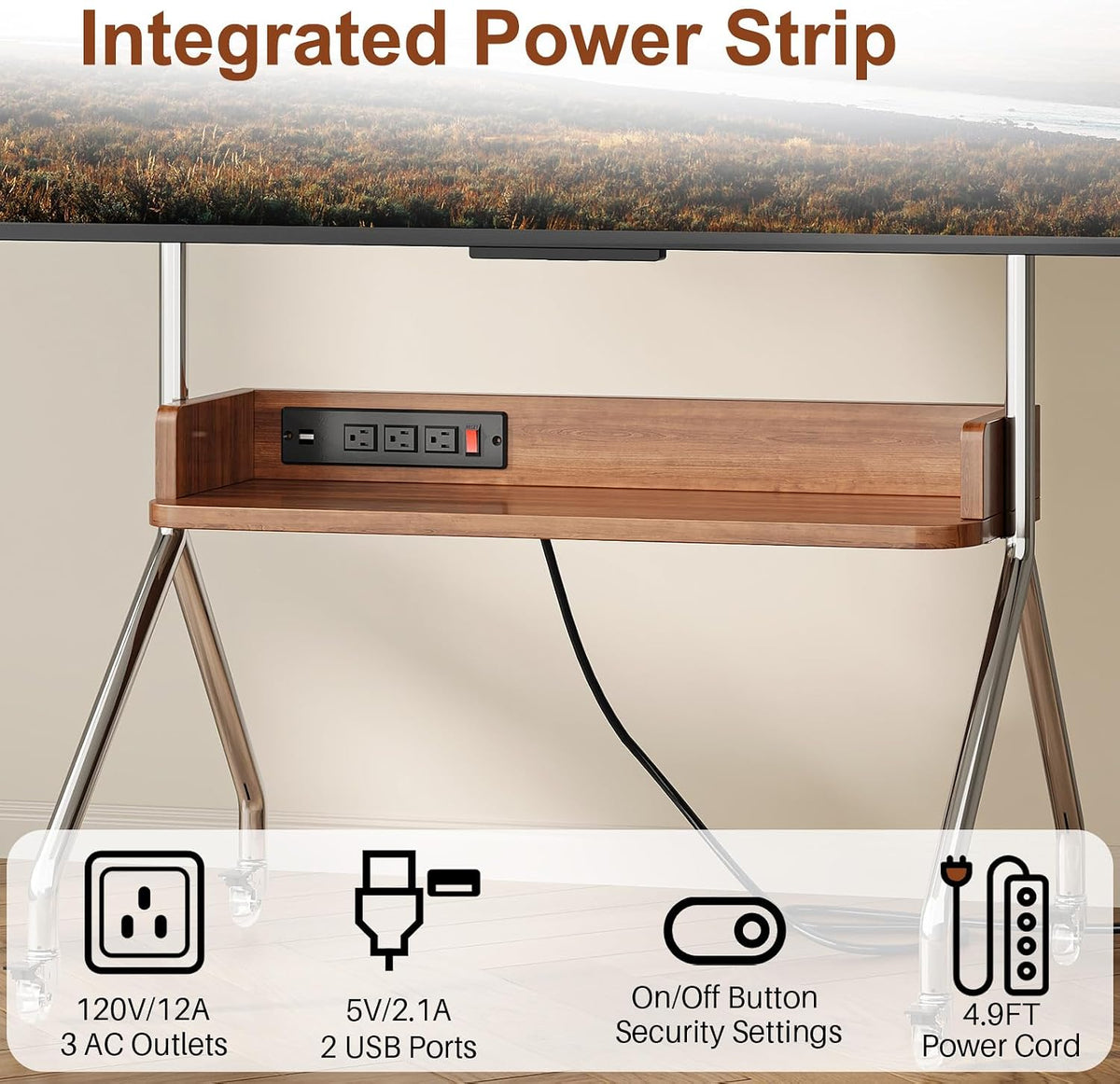 Rolling TV Stand with Power Outlet & Wooden Shelf,Stainless Steel Mobile ...