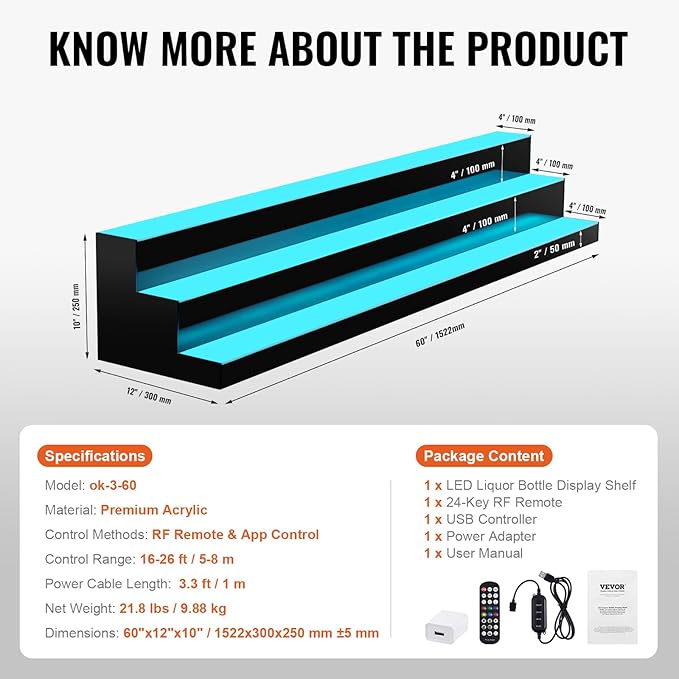 VEVOR LED Lighted Liquor Bottle Display Shelf, 3 Tiers 60 Inches, Supports USB - Image 3