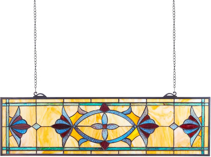 VEVOR Stained Glass Window Panel, 32 x 10 in, Tiffany Style Hanging Transom Window Panel with Chain, Large Horizontal Rectangle Stain Glass, Vintage Traditional Art Handcrafts for Kitchen Home Decor