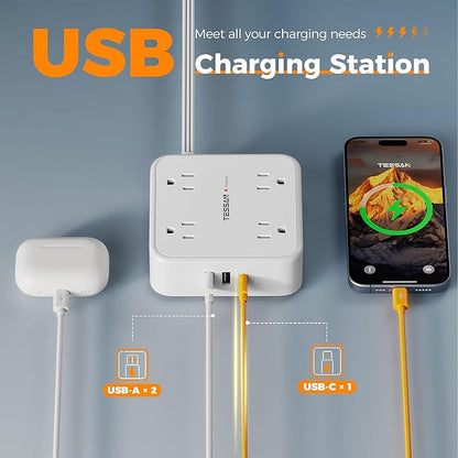 Surge Protector Power Strip, TESSAN 15 FT White Extension Cord Flat Plug - Image 4