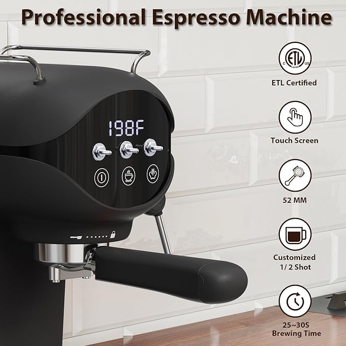 Espresso Machine with Steam Milk Frother Semi Automatic 20 Bar Compact Black - Image 3