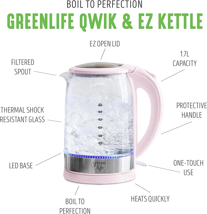 GreenLife 1.7 Liter Glass Electric Kettle, Easy One Touch Use, Quick Heating - Image 3