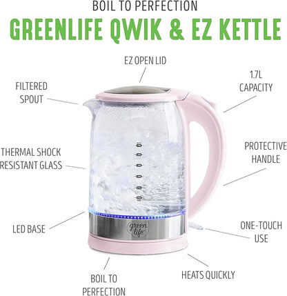 GreenLife 1.7 Liter Glass Electric Kettle, Easy One Touch Use, Quick Heating - Image 3