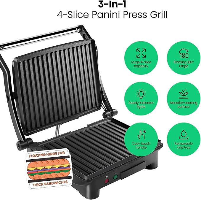 Chefman Panini Press Grill and Gourmet Sandwich Maker Non-Stick Coated Plates - Image 2
