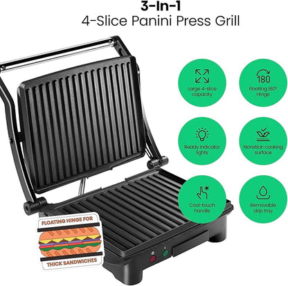 Chefman Panini Press Grill and Gourmet Sandwich Maker Non-Stick Coated Plates - Image 2