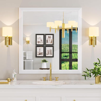Amorho Bathroom Mirror, 40X38 Inch White Thick Metal Framed Wall Mirrors by Amorho