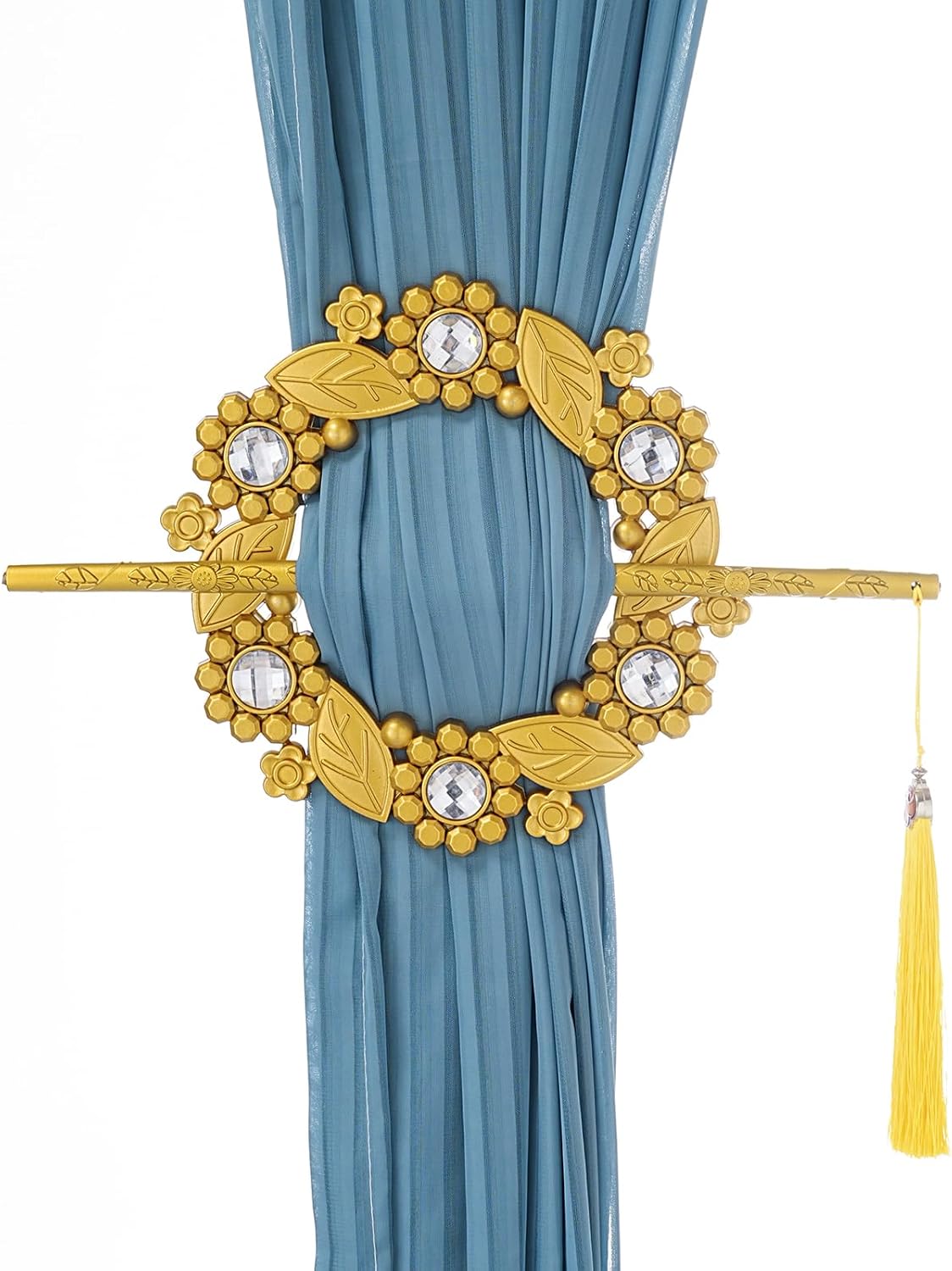 Decorative Curtain Holdback Set with Crystal Floral Design, 2 Pack Silver and Gold Tiebacks with Tassels, Elegant Wall-Mounted Drapery Holders (Golden)