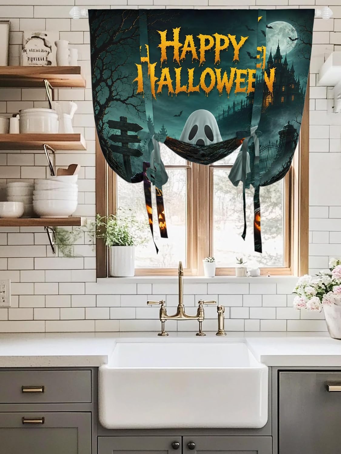 Happy Halloween Ghost Pumpkin Tie Up Curtains for Windows, Retro Haunted House Rod Pocket Window Shade Adjustable Balloon Curtain Valance for Bedroom Kitchen Bathroom Blinds 34x45in