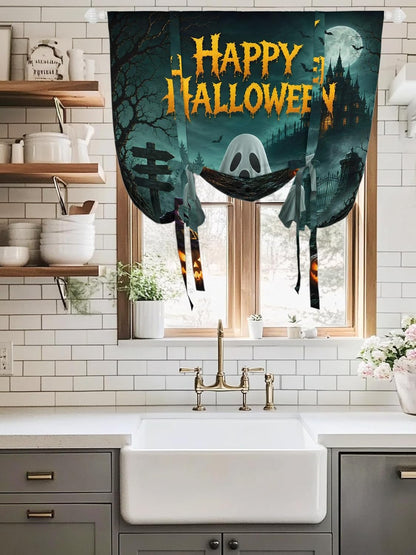 Happy Halloween Ghost Pumpkin Tie Up Curtains for Windows, Retro Haunted House Rod Pocket Window Shade Adjustable Balloon Curtain Valance for Bedroom Kitchen Bathroom Blinds 34x45in