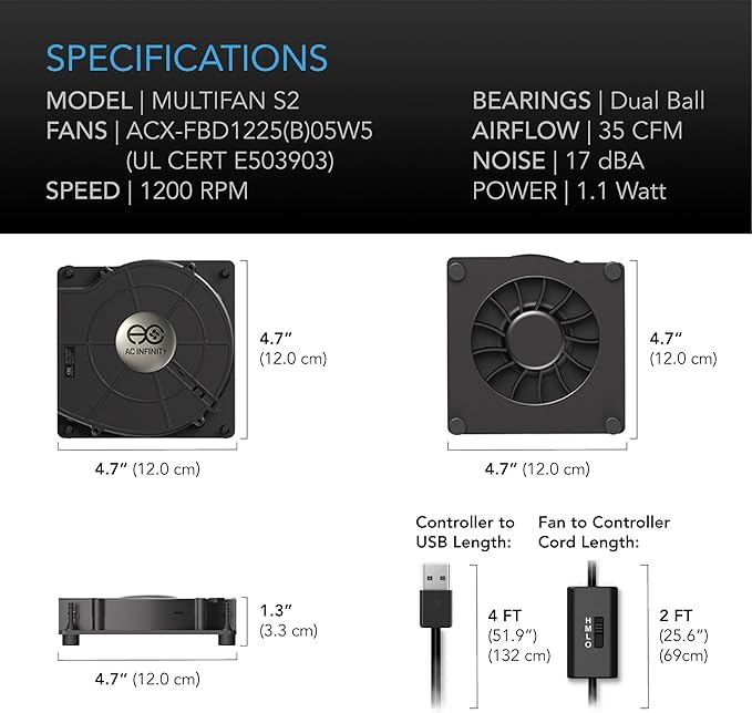 AC Infinity MULTIFAN S2, Quiet 120mm USB Blower Fan - Image 6
