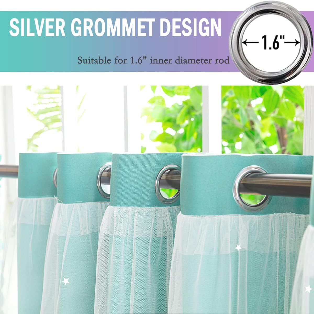 Kids Curtains for Girls Bedroom Princess Curtains for Daughter Room 96 Inches Long Star Curtains with Tieback & 3 Bowties(Purple Teal,W52*L96),1 Panel