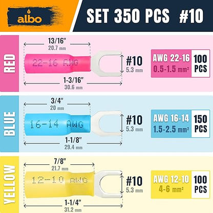 ALBO 350PCS Heat Shrink Fork Spade Connectors Kit #10 – 22-10 AWG Tinned Copper - Image 2